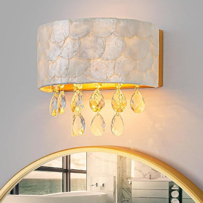 2-Lights Capiz Shell Crystal Wall Sconces, Coastal Design Indoor Wall Lamp, Vanity Wall Mount Light Fixture for Bathroom, Hallway, Bedroom, Shell Lampshade, Crystal Pendants & Gold Finish