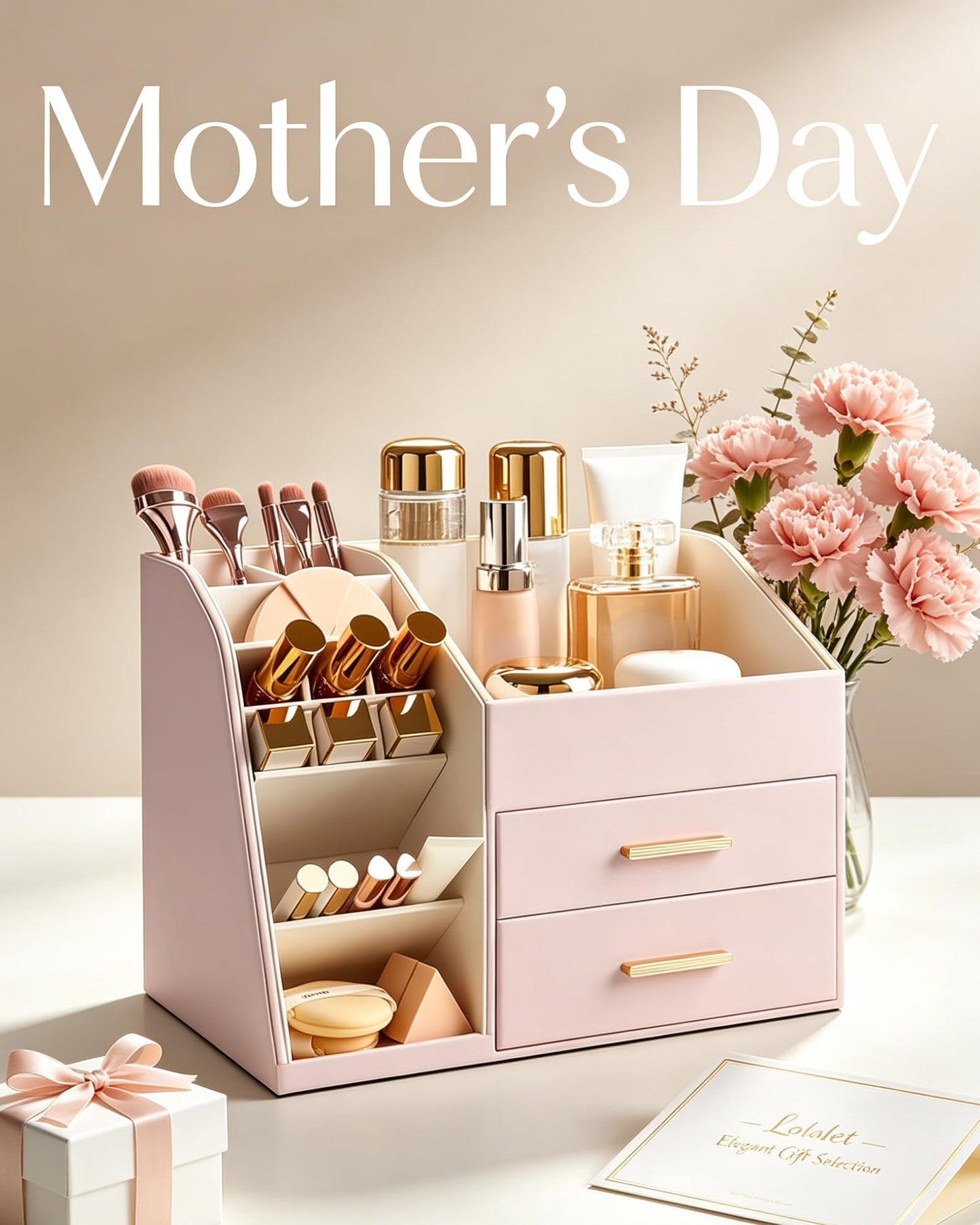 Lolalet Makeup Organizer Countertop with Drawers, Easy to Clean PU Leather Storage Box, 3-Layer Cosmetic Holder for Skincare, Lipstick, Perfume & Brush, Display Case for Vanity Dresser Bathroom - Pink
