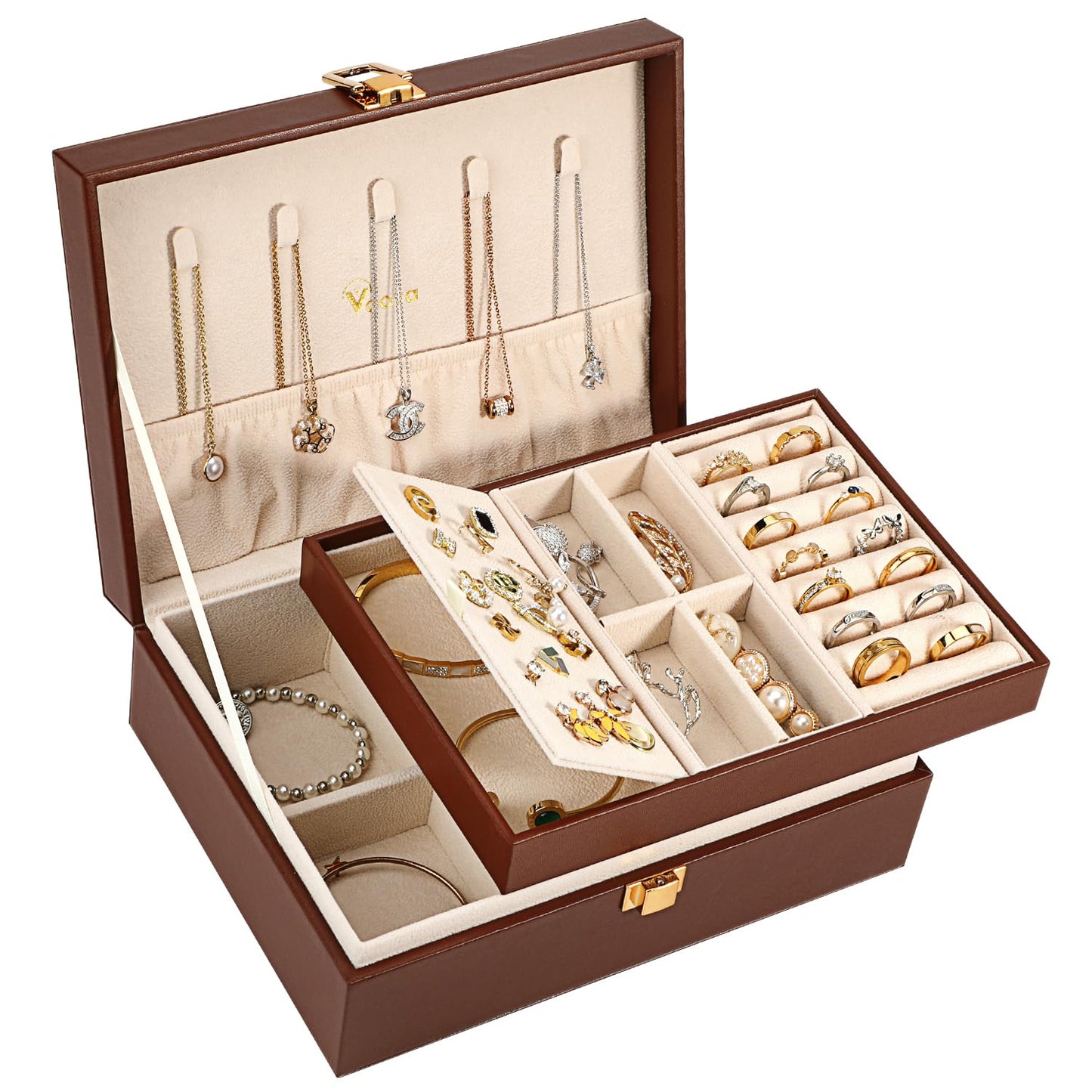 Voova Jewelry Box Organizer for Women Girls, 2 Layer Large Men Jewelry Storage Case, PU Leather Display Jewellery Holder with Removable Tray for Necklace Earrings Rings Bracelets, Caramel Brown