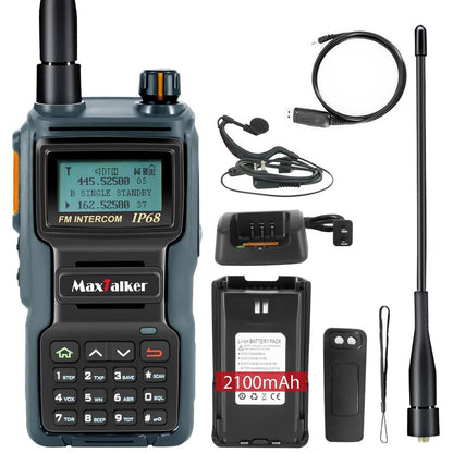 MaxTalker TK-W70 Ham Radio Long Range 5W, Handheld Radio with Programming Cable, Multi-Band Two Way Radio with 2100mAh Battery, IP68 Waterproof Ham Radio