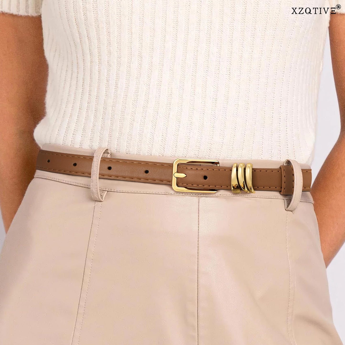 XZQTIVE Women Skinny Leather Belt Ladies Black Thin Waist Belt for Dresses Jeans Pants with Gold Buckle and Metal Loops