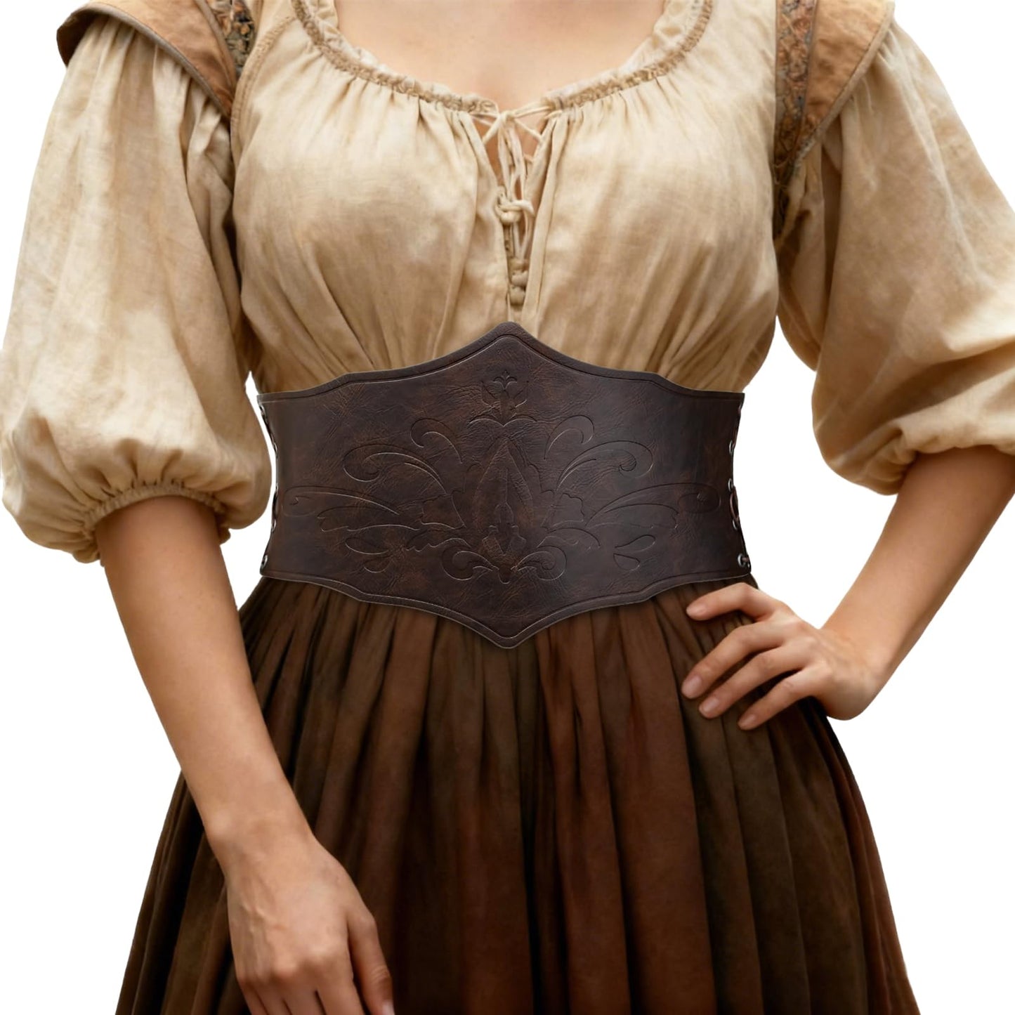 HiiFeuer Medieval Women Faux Leather Corset Belt, Renaissance Underbust Corset Adjustable Wide Waist Cincher for Ren Faire (Dark Brown B)
