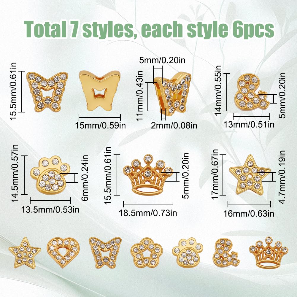 SUNNYCLUE 1 Box 42Pcs Gold Slide Charms Bulk Alloy Slider Charm Rhinestone Star Heart Butterfly Flower Paw Symbol Crown Slide Charm Spacer Beads for Bracelets Necklace Wristbands Jewelry Making Crafts