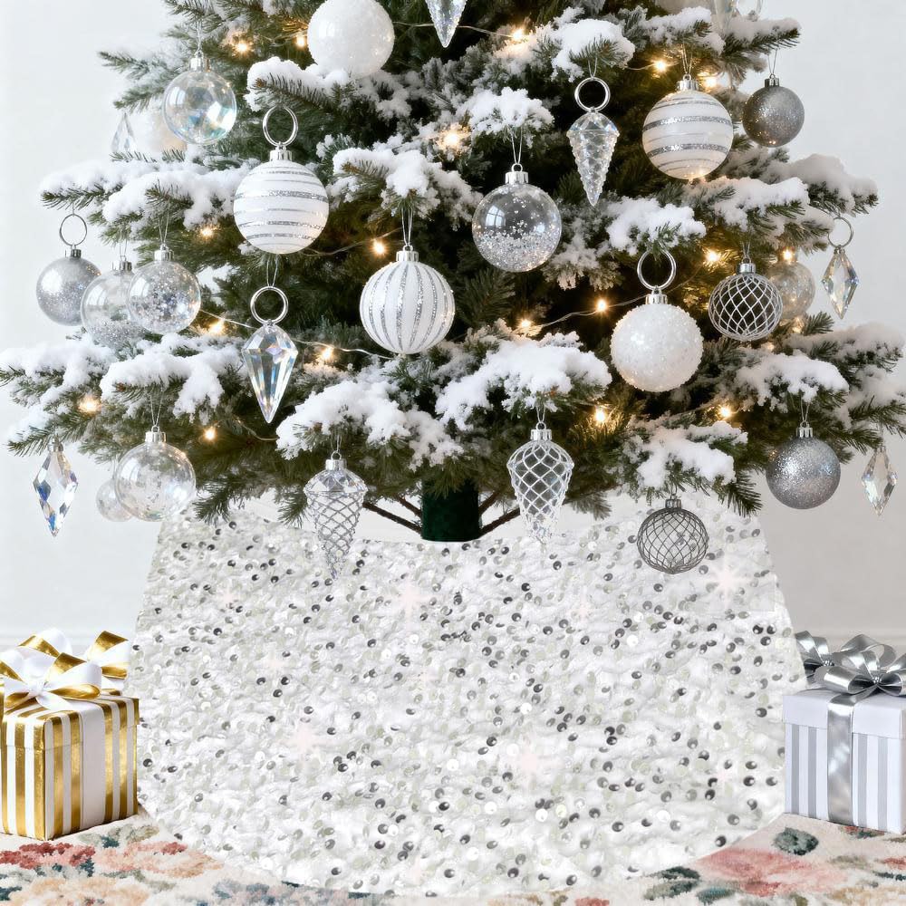 SOMUAUY Christmas Tree Collar Silver White Tree-Collar 24 Inch Halloween Christmas Tree Collars for Artificial Trees Sequin Halloween Tree Skirt for Xmas Tree Ornaments Tree Base Party Home Decor