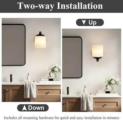 Matte Black Milk Glass Wall Sconces, 1 Pack Hardwired Indoor Wall Light Fixtures for Living Room, Hallway, Bedroom, Ceramic E26 Sockets (Bulbs Not Included)