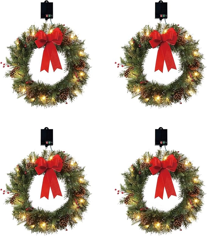 4Pack Solar Christmas Wreath Pre-Lit Solar 50 Led Artificial Wreath Outdoor Front Door Window Christmas Decorations with Frosted Branches Berry Clusters Red Velvet Bows (2401-4pk)