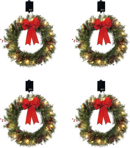 4Pack Solar Christmas Wreath Pre-Lit Solar 50 Led Artificial Wreath Outdoor Front Door Window Christmas Decorations with Frosted Branches Berry Clusters Red Velvet Bows (2401-4pk)