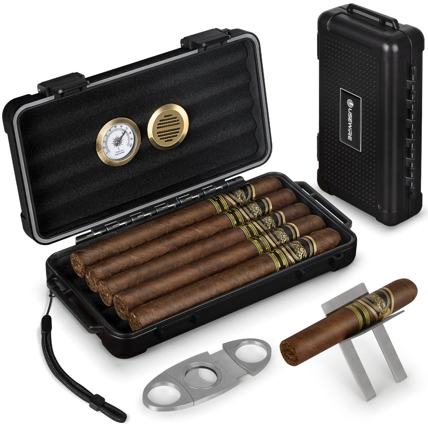 USEWIRE Cigar Humidor, Cigar Travel Humidor, Cigar Case for 4-5 Cigars, with Cigar Holder and Cigar Cutter, Portable Cigar Humidor Travel, Cigar Gifts for Cigar Accessories(Black)