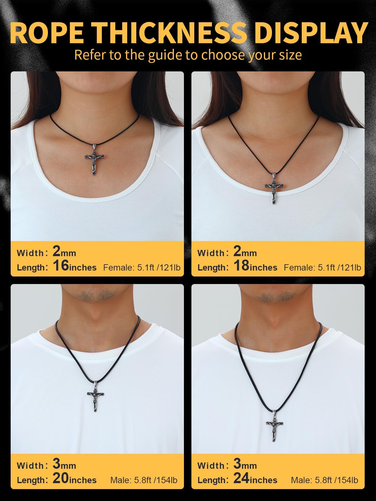 U7 Black Leather Cord Necklace with Stainless Steel Clasp, Men Women 2mm Wide Woven Wax Rope Chain for Pendant, Length 20 Inch