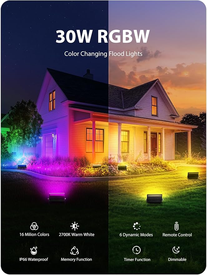 Onforu LED Flood Light Outdoor 30W 2500LM, Color Changing RGBW Floodlight with Remote, 2700K Warm White IP66 Stage Lights Indoor Uplights for Events, Uplighting for Halloween 4 Pack