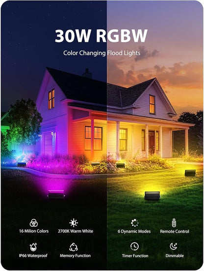 Onforu LED Flood Light Outdoor 30W 2500LM, Color Changing RGBW Floodlight with Remote, 2700K Warm White IP66 Stage Lights Indoor Uplights for Events, Uplighting for Halloween 4 Pack
