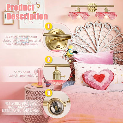 2 Light Bathroom Vanity Lights Over Mirror, Vintage Wall sconces with Pink Glass Shade Bathroom Sconce Gold Vanity Lighting Fixture mid Century Wall Sconce Light for Bedside Bedroom Doorway