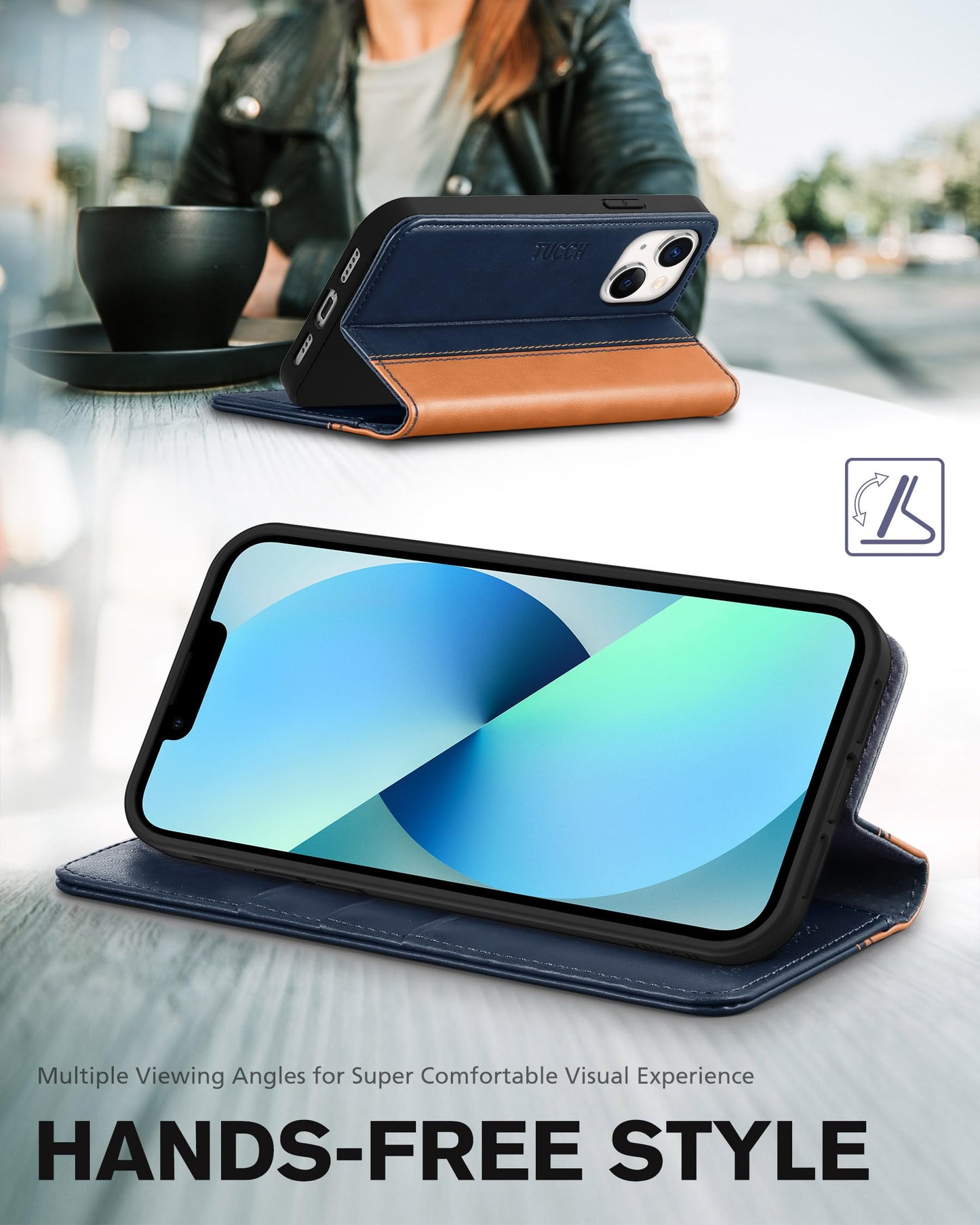 TUCCH Case for iPhone 13 Wallet Case 5G, [Card Holder] Slots Folio PU Leather Cover, Kickstand Flip Case with [TPU Shockproof Interior Case] Compatible with iPhone 13 6.1-inch 2021, Brown & Dark Blue