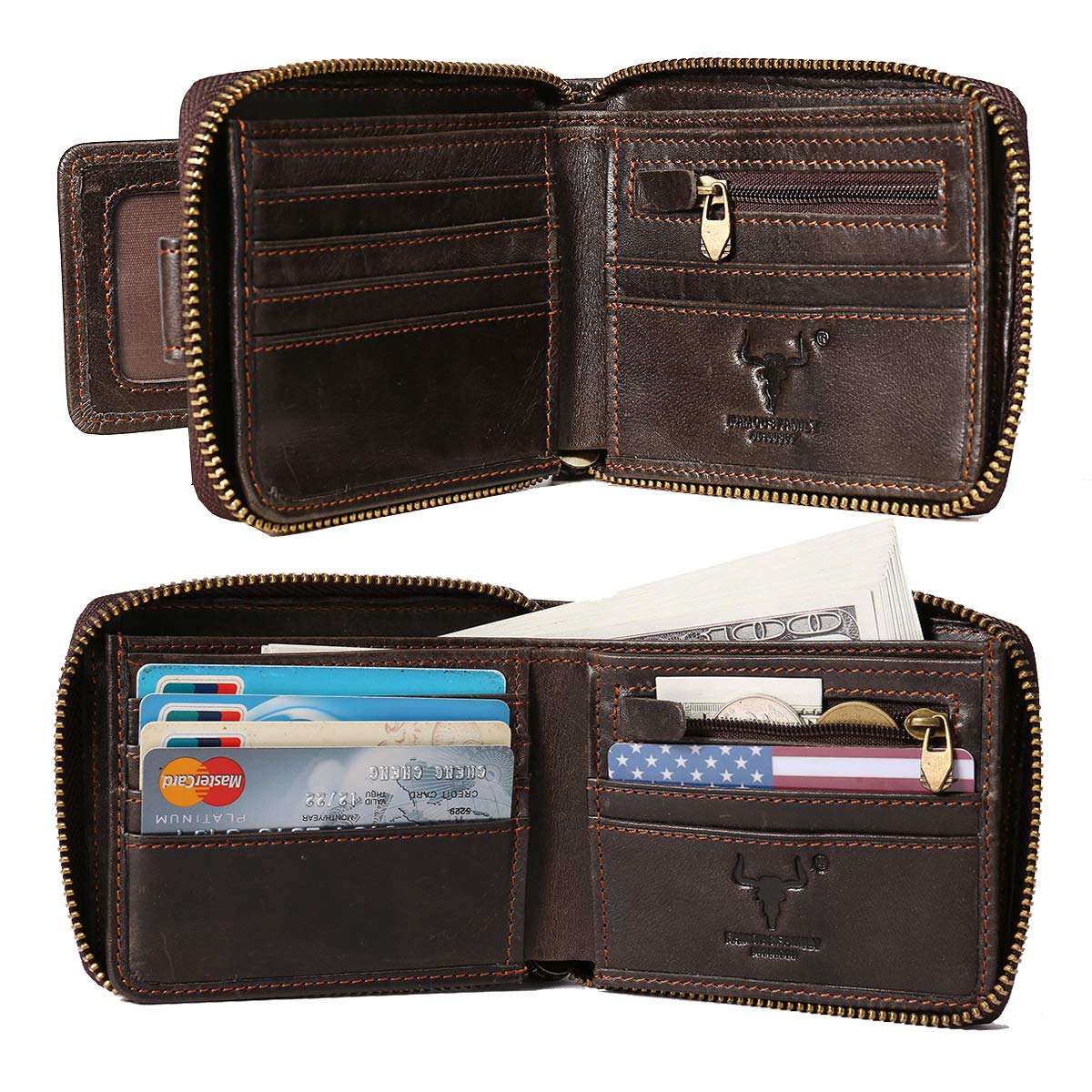 MING CLAN Leather RFID Blocking Bifold Wallet For Men With Zipper, Flap ID Window Zip Coin Pocket, Big Capacity Credit Card Holder For Travel