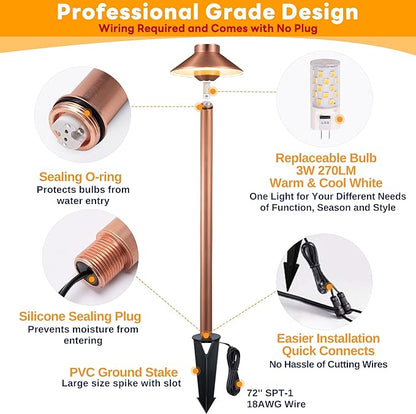 Gardenreet Outdoor Brass Pathway Lights, Warm & Neutral White Adjustable Low Voltage Landscape Path Lighting, 12v Walkway Light LED Waterproof, Copper for Outside Garden Yard with G4 Bulb (4 Pack)