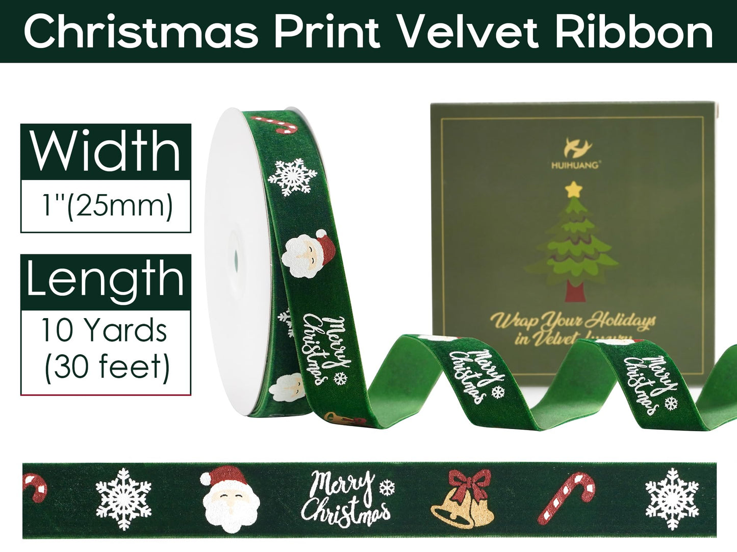 HUIHUANG Green Christmas Velvet Ribbon 1 inch Forest Green Ribbons with Merry Christmas Santa Ribbon for Gift Wrapping, Tree Ornaments, Wreaths, Garlands, DIY Crafts- Continuous 10 Yards