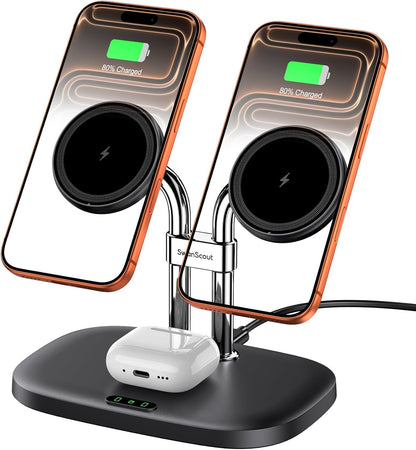 SwanScout Wireless Charger for iPhone Air/17, SwanScout 706M, Dual Magnetic Charger for iPhone 16/15/14/13/12 Series, Charging Station for AirPods Pro 3/2, AirPods 4/3rd (Black)