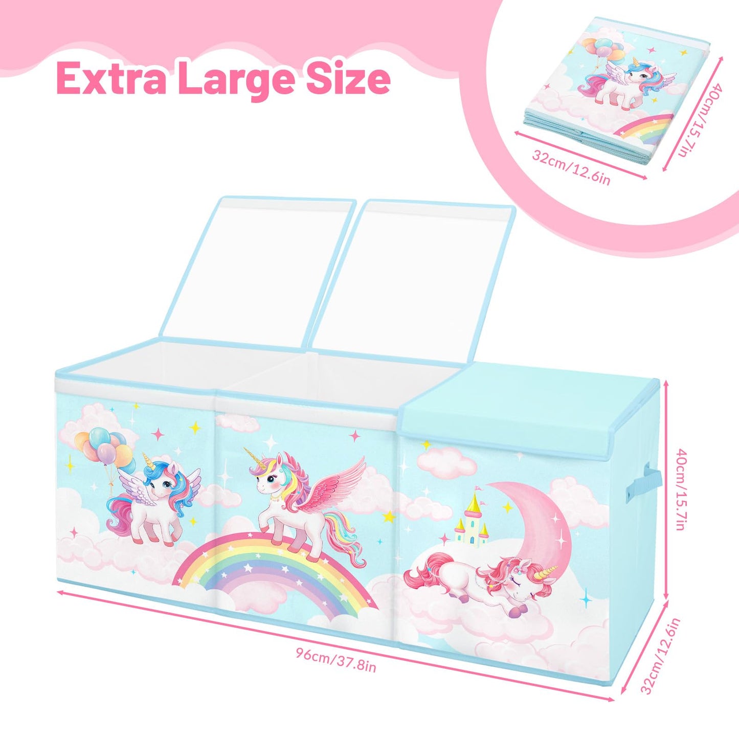 Toy Storage Bin with Lids,Extra Large Toy Box Chest with Handles for Kids Boys Girls,Collapsible Storage Organizer Box Bin Basket for Bedroom,Playroom, Nursery,37.8"x12.6" x15.7",Rainbow Unicorn