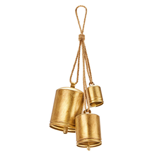 Christmas Bells for Decorations, Rustic Christmas Decor Vintage Style, Brass Shabby Chic Hanging Decoration Set of 3 (Brass)