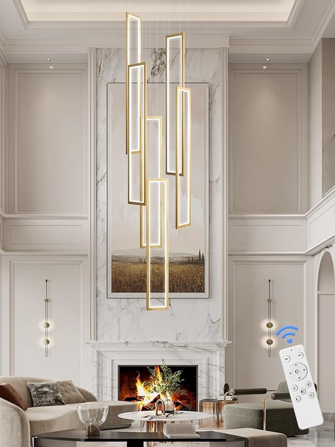 Flashing God Modern Chandelier,Gold Chandelier with 6 Ring Led Foyer Chandeliers,Larger High Ceiling Chandelier for Living Room,Square Chandelier for Entryway Staircase LED Dimming 2700k-6001k