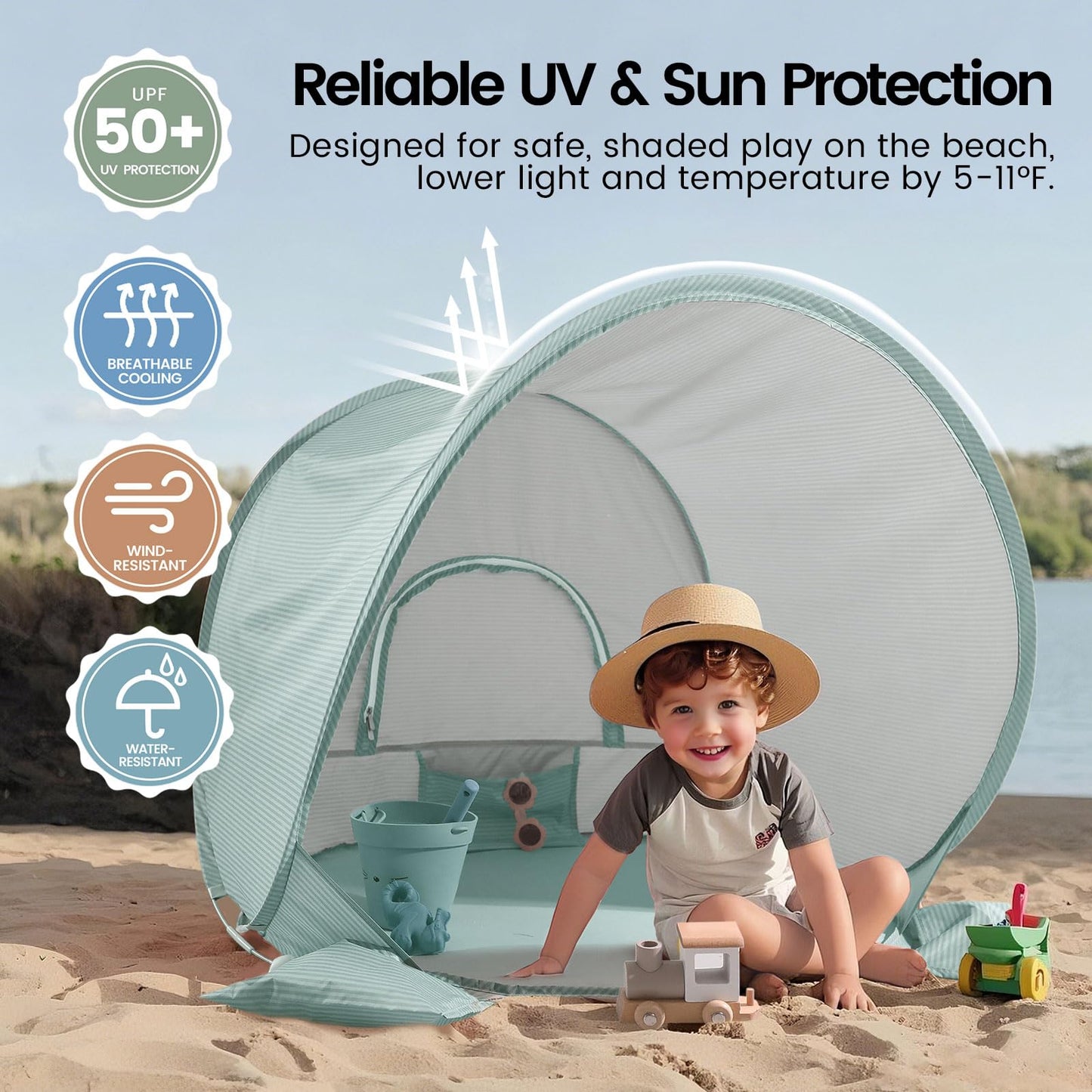 Tiny Land Baby Beach Tent – Pop Up Baby Tent with UV Protection, Portable Baby Beach Essentials, 35.4"x27.6"x31.5" Sun Shelter for Infants, Baby Outdoor Use (Pastel Aqua)