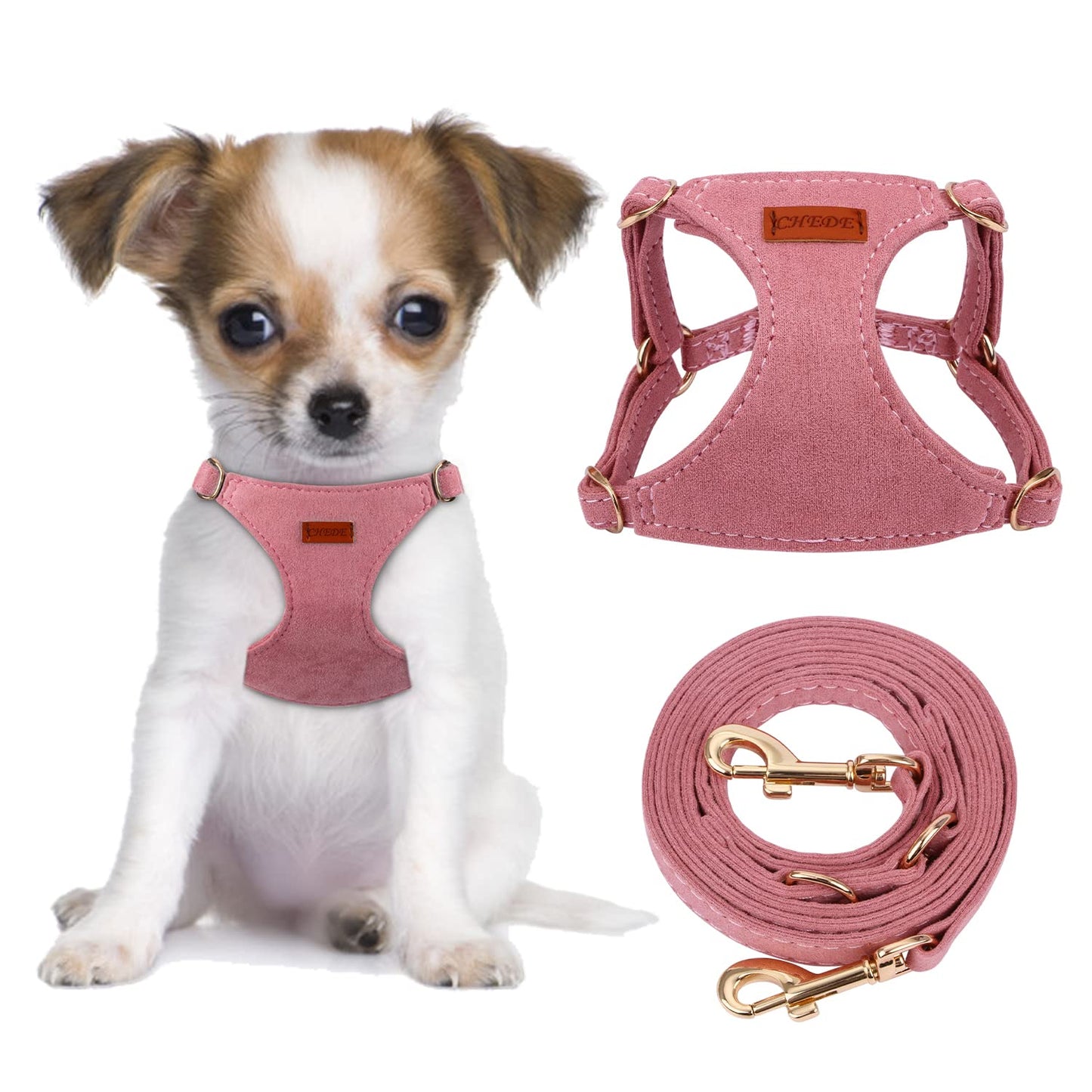CHEDE No Pull Puppy Harness and Multifunction Dog Leash Set- 8 Colors Soft Adjustable No Choke Escape Proof Cute,Lightweight Pet Vest Harness for Small and Medium Dog (XS, Antique Pink)