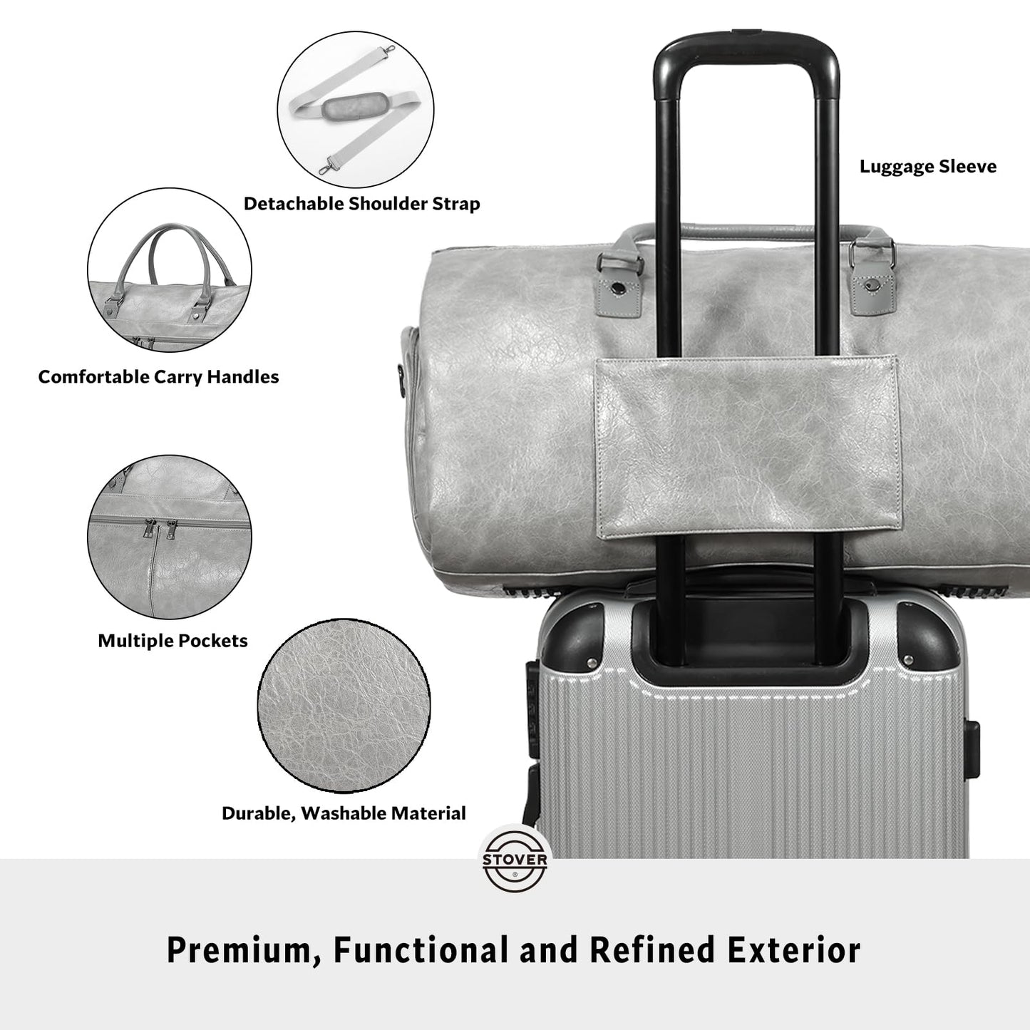 STOVER Garment Travel Duffle Bag, Large 2-in-1 Convertible Carry-on Luggage for Men & Women- Hanging Suits, Dresses & Clothes + Shoe Compartment- Weekender Tote Combo Duffel (Grey Leatherette)