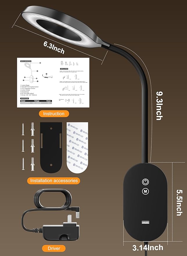 Wall Mounted Reading Light, Bedside Headboard Lights with 10W USB Output Fast, 5 Dimmable & 4 Color Temperature, Memory Function, 4-Hour Auto Off, Flexible Gooseneck 3000K-6000K Bed Wall Lamp (Black)