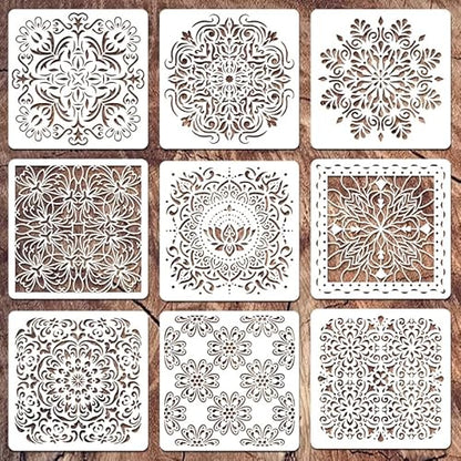 Wall Stencils for Painting Large Pattern, 9Pcs 12 Inch Mandala Stencils for Crafts on Wall Wood Furniture Floor Tile, Plastic Reusable Stencils for Home Decor and Other DIY Projects