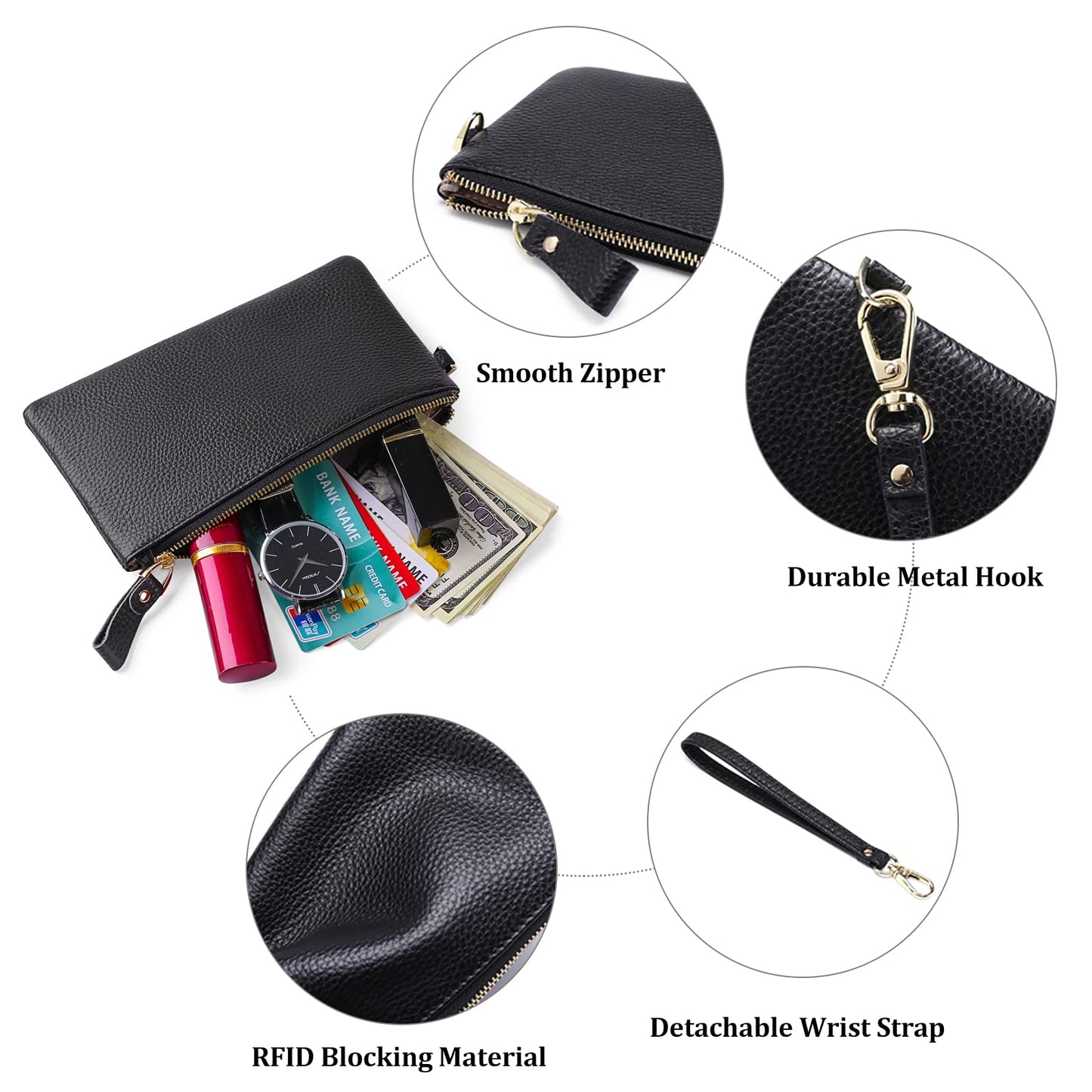 GOIACII Women's Wristlet Clutch Slim Leather Wallet RFID Blocking Handbag
