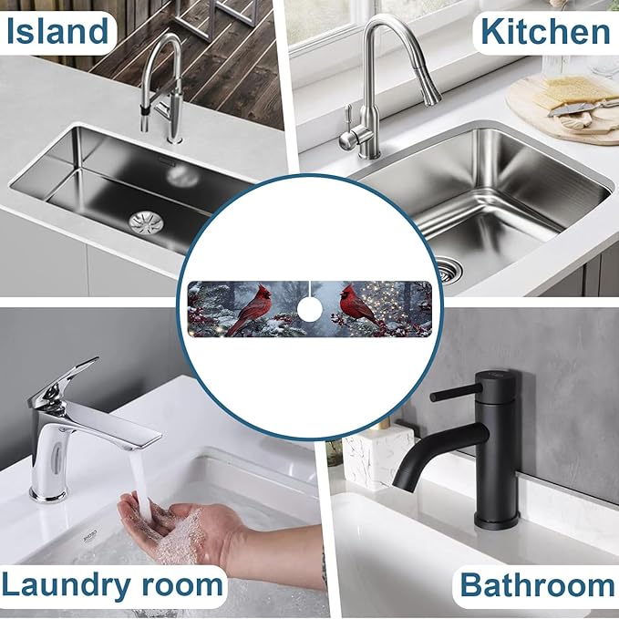 Christmas Winter Kitchen Sink Splash Guard Faucet Mat Cardinal Super Absorbent