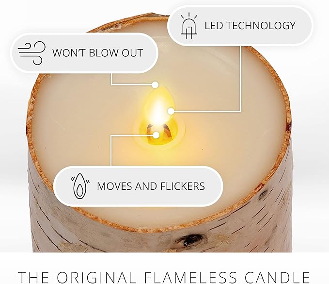 Luminara Real Birch Bark Wrapped Flameless LED Candle, 4" x 5.3", Battery Operated Moving Flame Pillar Light with Timer - Natural Decor Unscented
