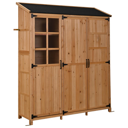 Outdoor Garden Shed with Waterproof Roof and Workstation, Outdoor Storage Cabinet with 7 Storage Shelves, 2 Drawers and 6 Hooks, Natural