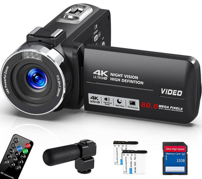 Peryoua 4K HD 80MP Camcorder Video Camera 18X Digital Zoom 3.0 IPS Screen Vlogging Camera for YouTube IR Night Vision Video Recorder with 32GB SD Card, 2 Batteries, Remote Control and Microphone