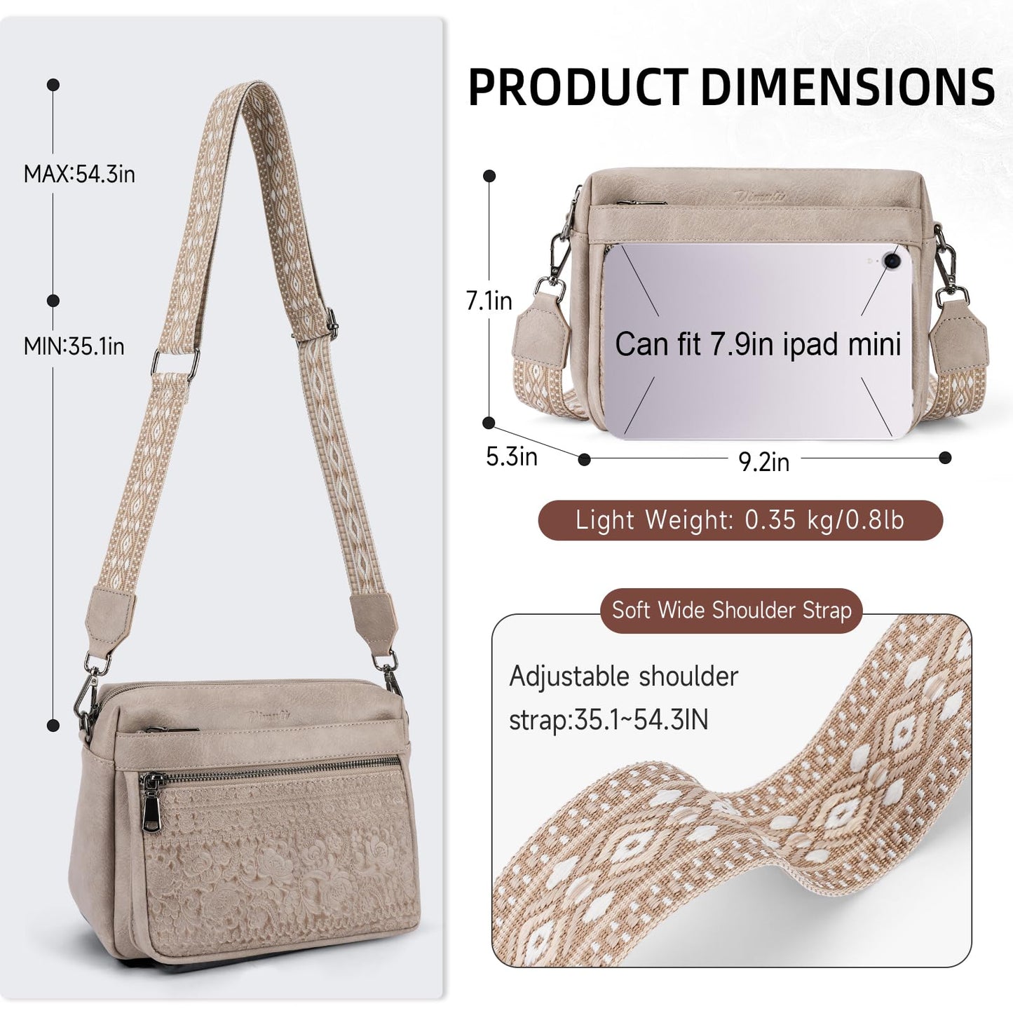 VIMUTI Crossbody Bags for Women Trendy,Leather Crossbody Purses Embossed Design,Multi Pocket Lightweight Shoulder Handbag (04-Gray)