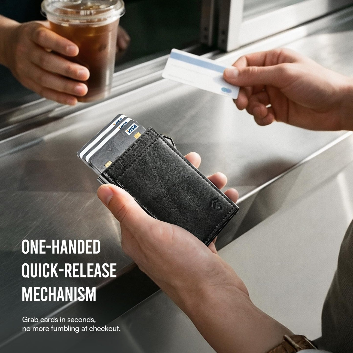 Bauhaus Slim Wallet for Men | RFID NFC Blocking Automatic Ejector | Pop-Up Card Holder Premium Leather Front Pocket Minimalist Mens Wallet Holds 7 Cards + ID + Cash | Gift for Men Black and Sliver