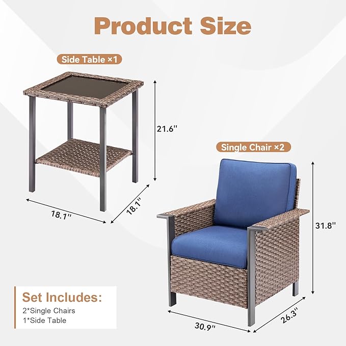 2 Pieces Outdoor Patio Furniture Set-Outdoor Wicker Chairs of 2, All Weather High Back Rattan Chairs 2-Seater with Comfy Cushions for Patio Porch Deck Brown/Blue