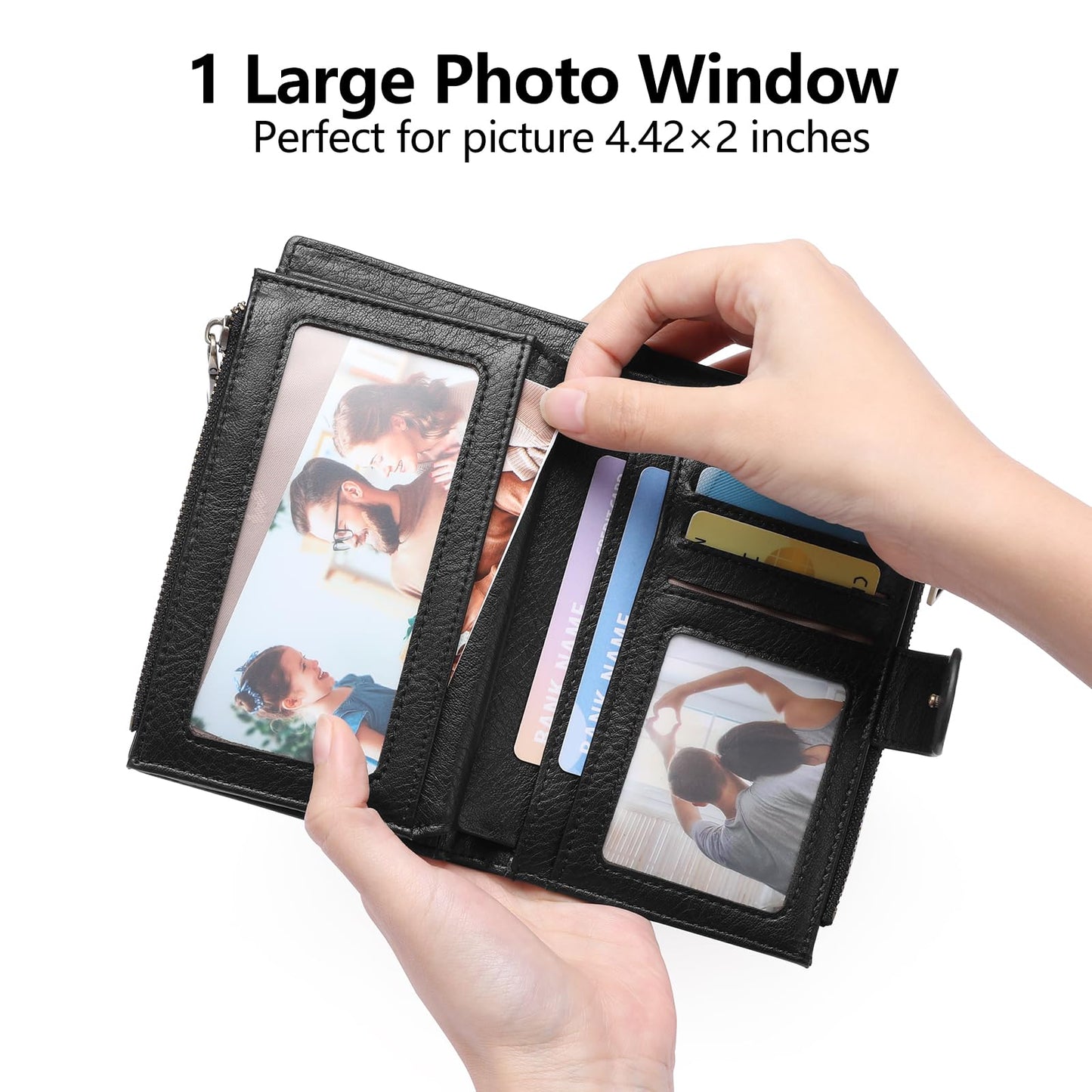 GOIACII Womens Wallets RFID Blocking Leather Trifold Clutch Wallet Credit Card Holder Ladies Purse 3 ID Windows Black