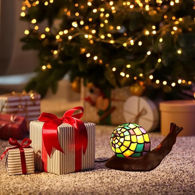 Tiffany Style Colorful Snail Accent Table Lamp Handmade Stained Glass Shade Night Light for Kids with 3 Color Temperatures LED Bulb - Ideal Gift for Home Decor(8" D x 5" W x 5" H)