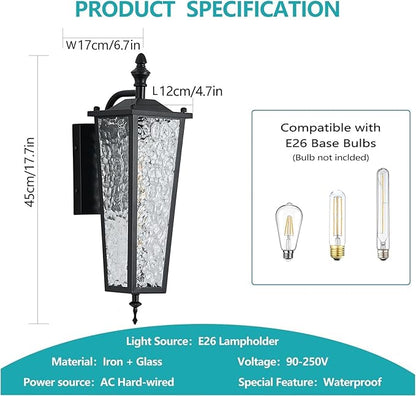 Outdoor Wall Light,Black E26 Base 16.7in - Exterior Waterproof Lantern Metal with Clear Glass,Farmhouse Porch Sconce Wall Mount Lighting,for Garage,Patio,Front Door,Entryway