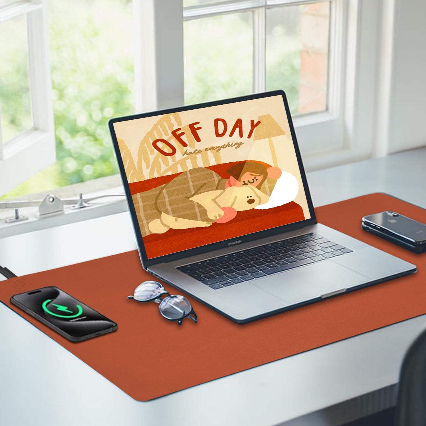 Desk Mat with Wireless Charging, Brown Mouse Pad with Wireless Charger, Desk Pad Matt for Desktop, Mousepad Gaming Large Mouse Pad, Leather Compute for Keyboard and Mouse, 32" x 16"