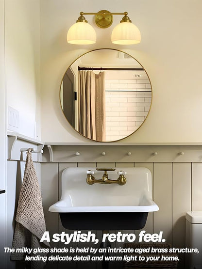 2-Lights Milk White Glass Wall Sconce Lighting Brass Finished, Double Arm Bathroom Vanity Light Fixture for Bedroom Living Room Dining Room Hallway