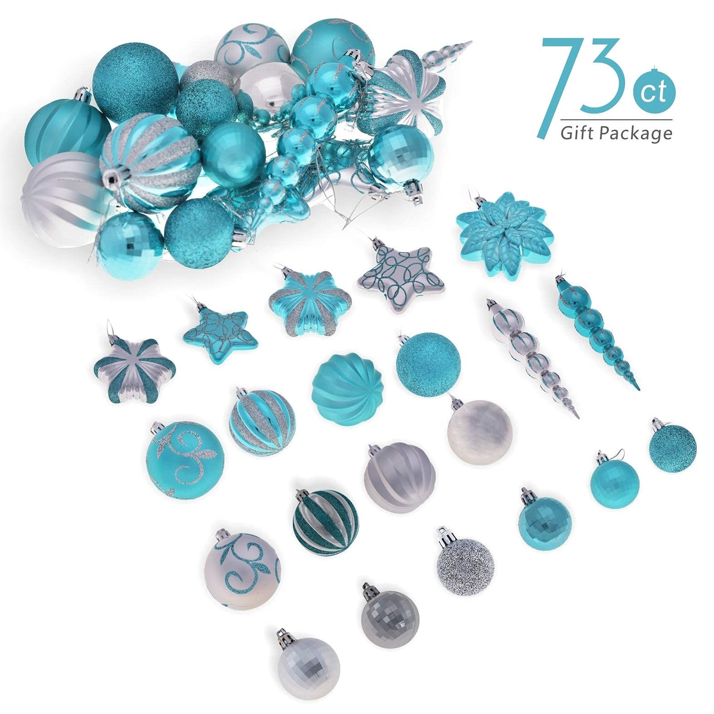 AUXO-FUN 73ct Assorted shatterproof Christmas Ornaments Luxury Collection Set in Reusable Hand-held Gift Package for Christmas Tree Decoration (Turquoise & Silver)