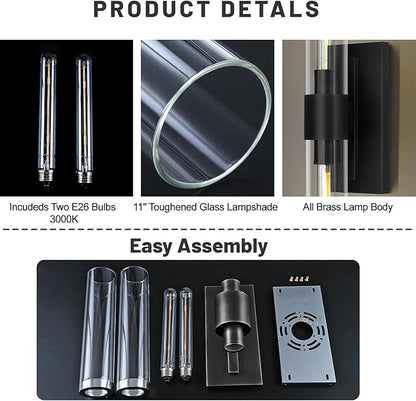 Bathroom Black Vanity Vertical Linear Light - 2-Light Tube Wall Sconces, 24" Vertical Vanity Wall Lighting, E26 Bulb Included