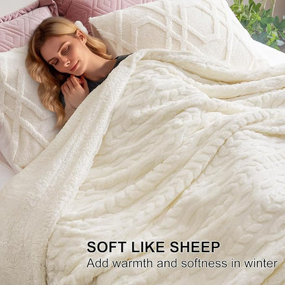 PHF Fluffy Sherpa Blanket Twin Size for Winter, Warm and Soft, 510GSM 3D Jacquard Thick Shaggy Fleece Plush Blanket for Sofa Bed, Cream, 60"x80"