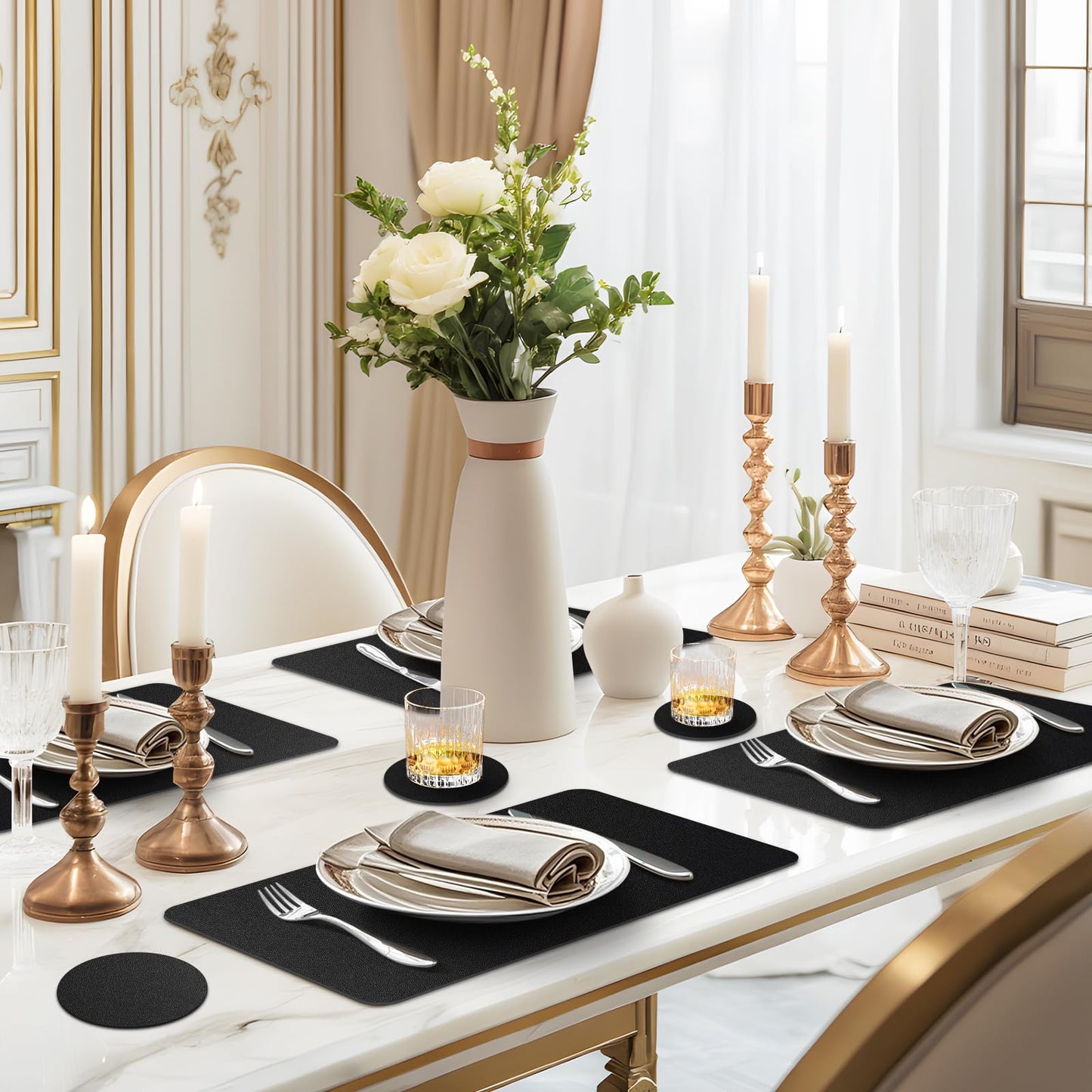 APLKER Vinyl Placemats Set of 6, Waterproof Faux Leather Heat Resistant Kitchen Place Mats, Wipeable Dining Table Place Mats and Coasters for Kitchen, Dining, Decor, Outdoor (Black)