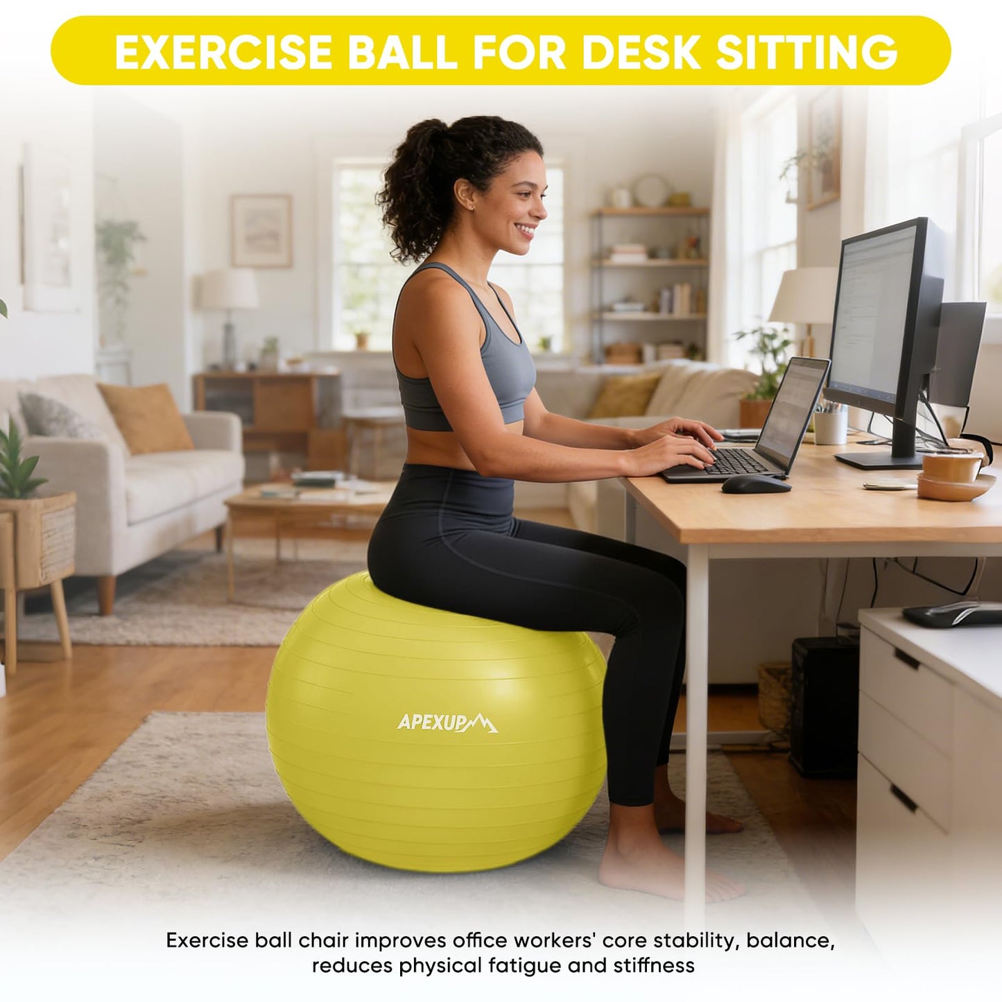 APEXUP Yoga Ball, 660 lbs Anti-Burst Exercise Ball with Pump, 5 Sizes (XXL(31"~34") 85cm, Yellow)