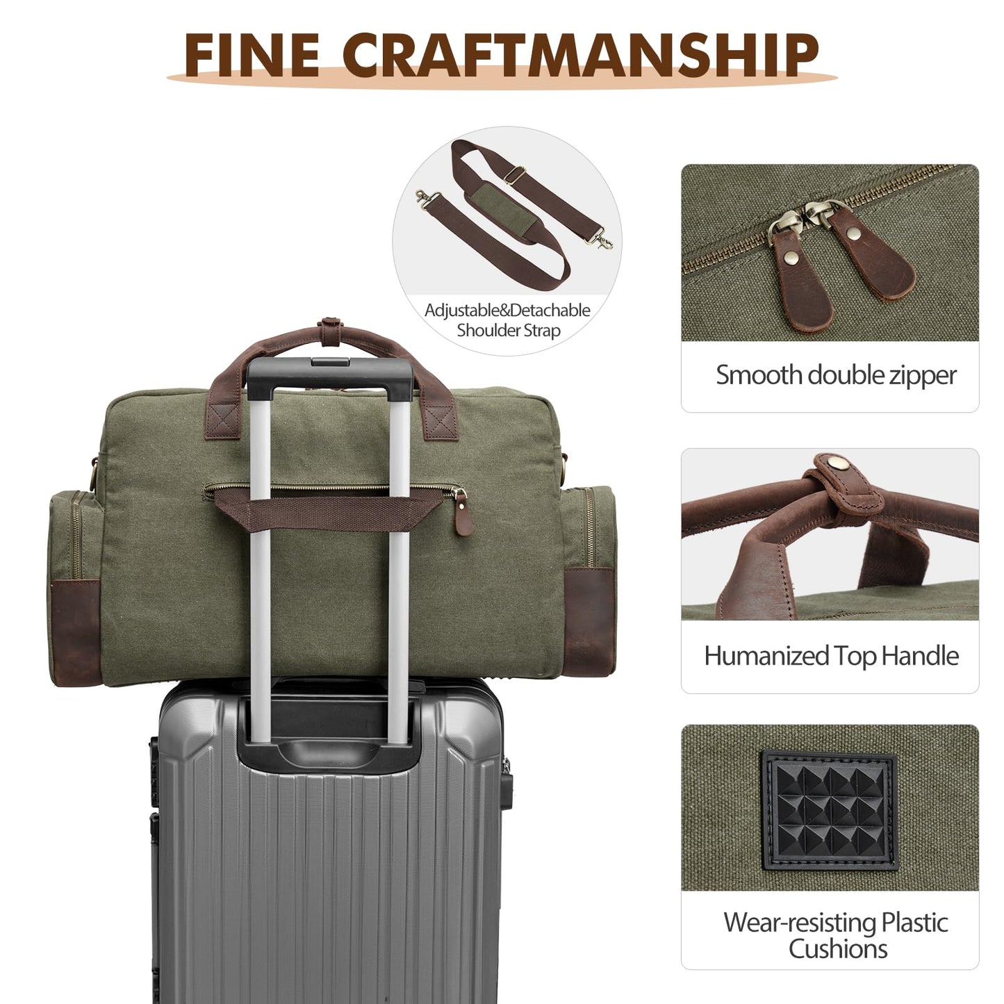 S-ZONE Large Canvas Travel Duffel Bag Weekend Overnight Bag Carry on Leather Trim Holdall Gym Bag with Multi-Pockets for Men and Women, Army Green
