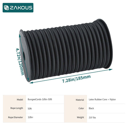Zakous Strong and Durable Bungee Cord - 3/8" x 50ft Elastic Cord, Kayak Stretch String Rope, Bungee Shock Cords for Repairing Tent Poles, DIY, Tie Downs, Black