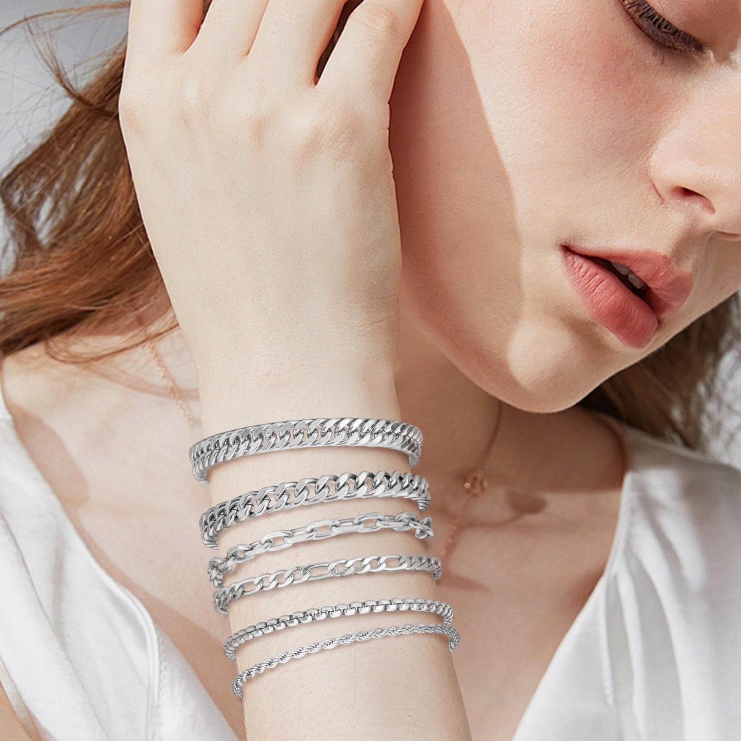 XIANNVXI 6 Pcs Silver Bracelets for Men Women Stainless Steel Bracelet Cuban Chain Metal Link Rope Bracelet Set 7.5 Inches